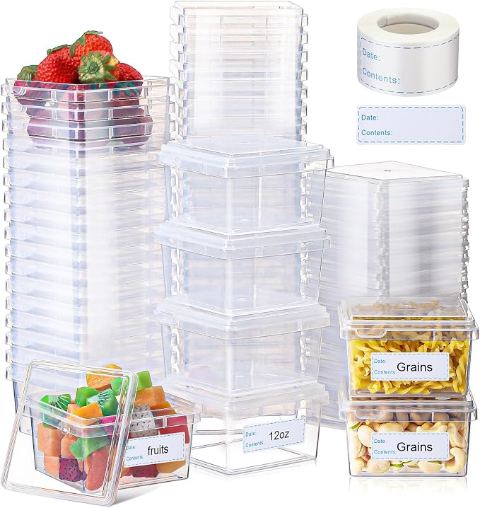 Blushtier 12 oz 50 Pack Small Square Deli Containers with Lids Plastic Freezer Food Reusable Meal Dessert Ice Cream Containers with Labels for Takeout Meal Storage Microwave Freezer Safe(Clear,) by Blushtier