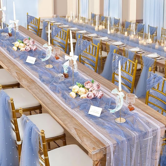 Tulle Table Runner Wedding Decorations 10ft Veil Dusty Blue Dessert Table - Image 4