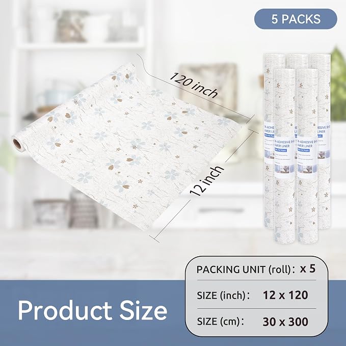 FIFTY FEET 12"x120" Non-Adhesive Shelf Liner for Kitchen Cabinets and Drawers, Washable Non-Slip PVC Cabinet Liner (White Floral)(5 Roll) - Image 5