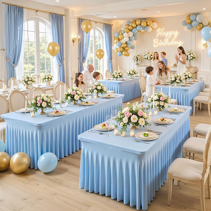 4 Pack 8ft Baby Blue Spandex Table Cloths for Rectangle Tables Wrinkle Free Rectangle Tablecloths, Stretch Fitted Table Cover with Skirt for Baby Shower Boy Birthday Party Wedding Banquet Buffet - Image 3