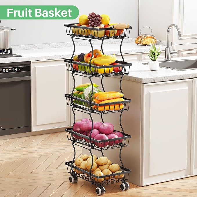 SAYZH 5-Tier Fruit Basket Stand with Vegetable Baskets for Kitchen, Black | Stackable Metal Wire Basket, Sturdy Rolling Storage Carts for Kitchen, Pantry Organizer, Snack and Jar Storage - Image 5