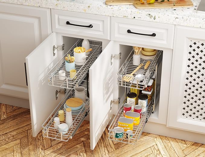 LOVMOR Individual Pull Out Cabinet Organizer, 2 Tier Slide Out Cabinet Drawers, Pots and Pans Organizer and Storage Pantry Shelf for Kitchen (7½" W x 21½" D) - Image 6