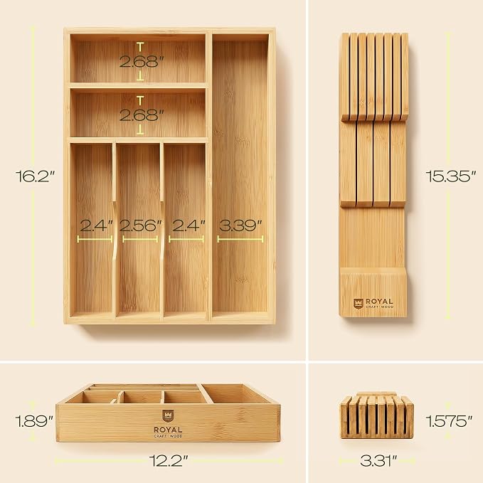 Drawer Organizer with Knife Block for Kitchen Organization, Bamboo Silverware Drawer Organizer, Compact Bamboo Cutlery Tray for Flatware and Utensils, Removable 7-Slot Knife Block for Kitchen Drawers - Image 2
