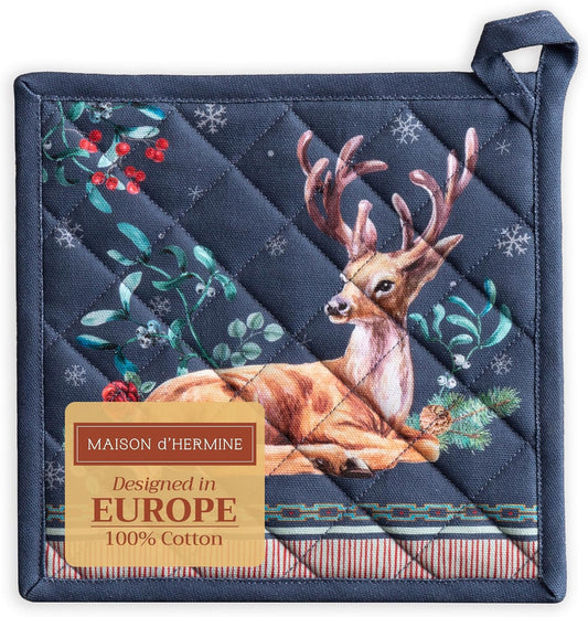 Maison d' Hermine Pot Holders 100% Cotton Heat Resistant Potholders 8" x 8" Hot Pads with Loop BBQ, Cooking, Baking, Grilling, Kitchen, Handling Hot Pans (Pack of 1, Christmas Joy)