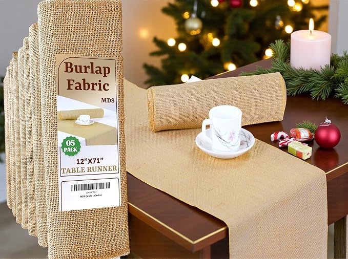 MDS® Pack of 5 Natural Burlap Table Runner, 12 x 72 Inch, Jute Vintage Rustic Farmhouse Boho Table Decor for Wedding Reception, Dining Table, Bridal Shower, Baby Shower & Holiday Party Decorations by MDS