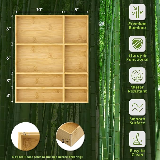 Bamboo Drawer Organizer Boxes, 8-Piece Set for Kitchen & Bathroom | 8 Stackable Multi-Size Organizer Boxes for Kitchen, Bathroom, Vanity, Makeup, Office & Junk Drawers - Image 2