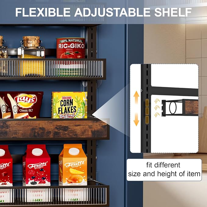 6 Tier Pantry Door Organizer Spice Rack, 2-IN-1 Wall Mount or Hanging Over Door Seasoning Organizer with Adjustable Baskets, Heavy Duty Behind Door Storage Shelves for Pantry, Cabinet and Kitchen - Image 3