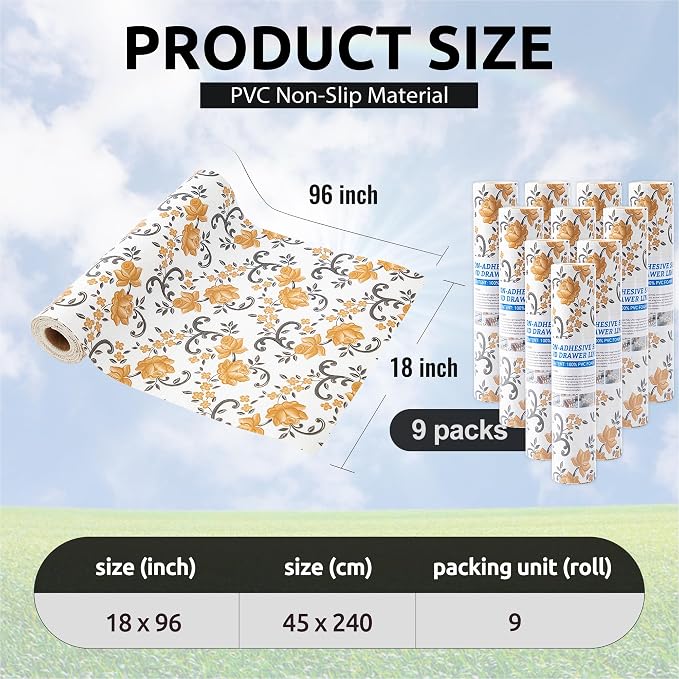 FIFTY FEET 18X96 Inch Shelf Liner for Kitchen Cabinets, PVC Drawer Liner for Dresser Non-Slip Bathroom, Non-Adhesive Cabinet Liner Washable (Yellow Floral)(10 Roll) - Image 3