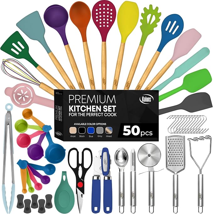 Kaluns 50 PCS Silicone Kitchen Utensils Set Complete Kitchen Set - 800°F Heat Resistant Non-Stick Premium Silicone Cooking Utensils W Wooden Handles - Can Opener, Masher, Turner, Silicone Spatula Set by Kaluns%C2%AE