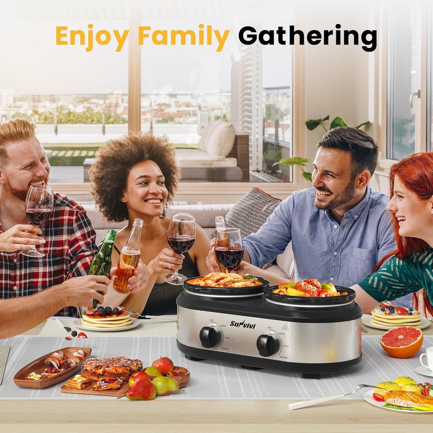 Sunvivi Dual Slow Cooker, Buffet Server and Food Warmer, Small Mini Pot with 3 Adjustable Temp & 2 Visible Glass Lids, for Parties, Holidays and Entertaining, Stainless Steel, 2 * 1.25 Quarts