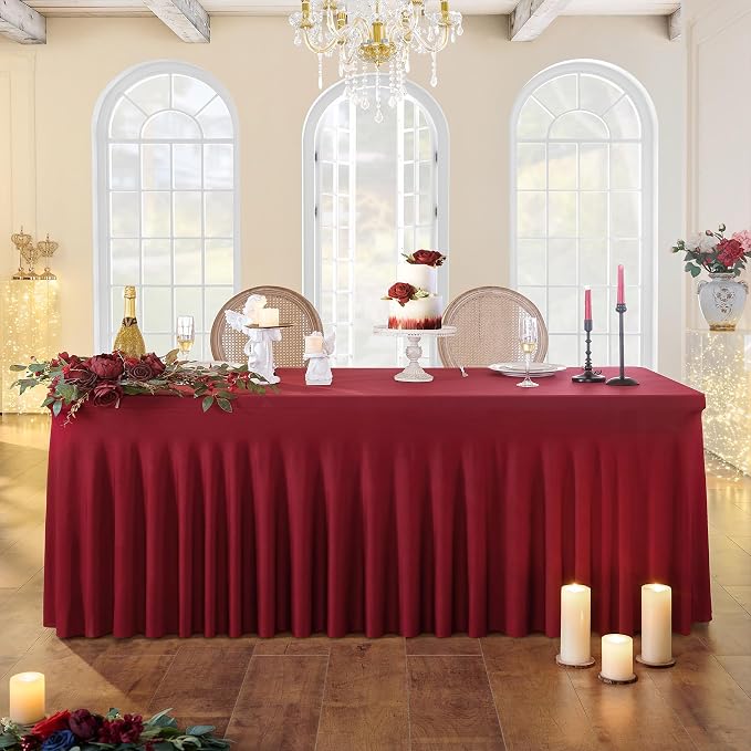 3 Pack Burgundy Spandex Tablecloth for 6 foot Rectangle Tables, Wrinkle Free Fitted Table Cloth Cover 6ft Maroon Stretchy Tablecloths with Skirt for Parties Weddings Birthday Banquet Baby Shower - Image 8