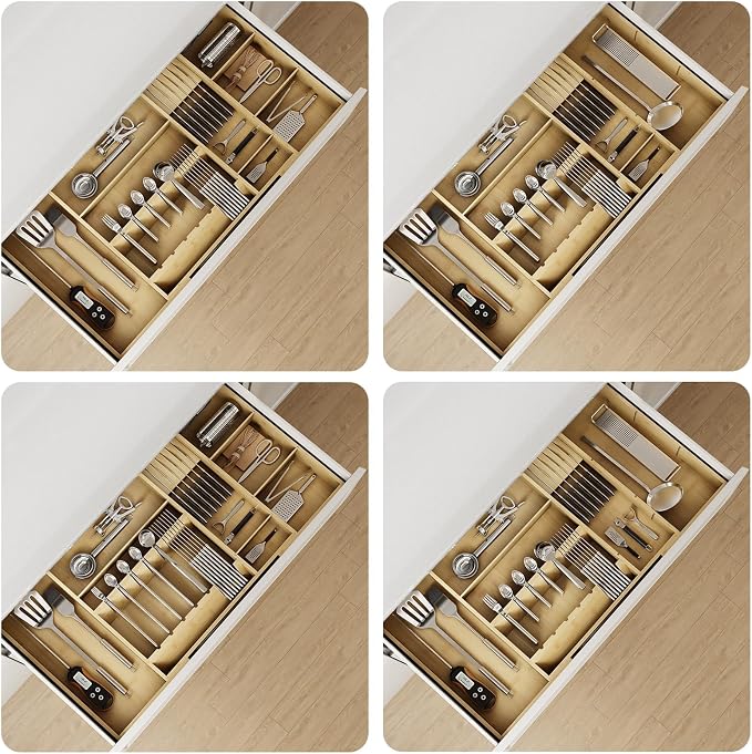 Bamboo Silverware Drawer Organizer, 17.72-29.53 Inch Expandable Large Kitchen Drawer Organizer, 5-8 Slot Flatware with Removable Card Slots & Knife Block for Spoon Butter Knive, Natural - Image 5