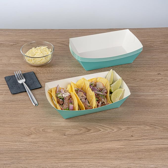 Restaurantware-Bio Tek 2 Pound Food Trays, 50 Disposable Paper Food Trays - Heavy-Duty, Greaseproof, Turquoise Paper Boats, For Snacks, Appetizers, Or Treats, Use At Parties Or Carnivals - Image 9