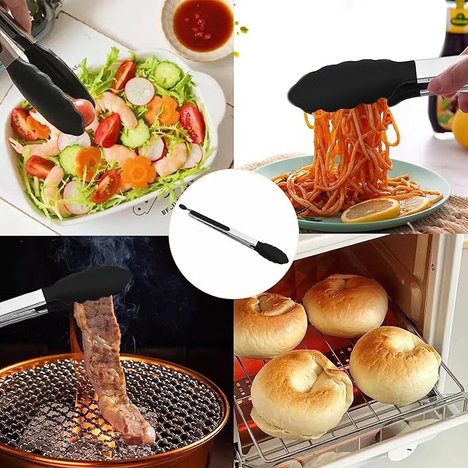 BANSHAN Kitchen Tongs Set of “9” Premium Stainless Steel Cooking Tongs Non Stick and Heat Resistant Handle, Silicone Tongs for Cooking Serving Frying and Cooking-Black (27cm) - Image 7