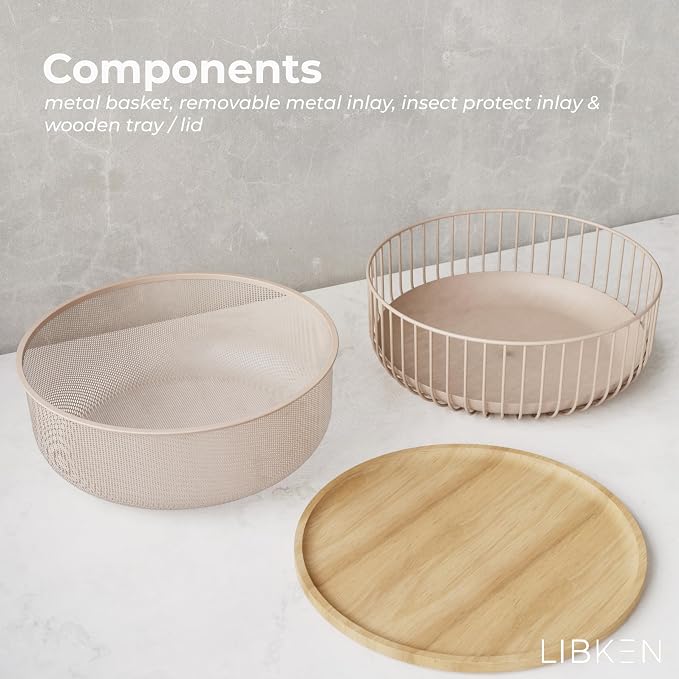 LIBKEN Metal Fruit Bowl Basket with Wooden Lid - Fruit and Vegetable Holder For Kitchen Counter - Countertop Display Baskets Organizer - Bowl Storage for Veggie, Fruits, Snack, and Banana - Peach - Image 4