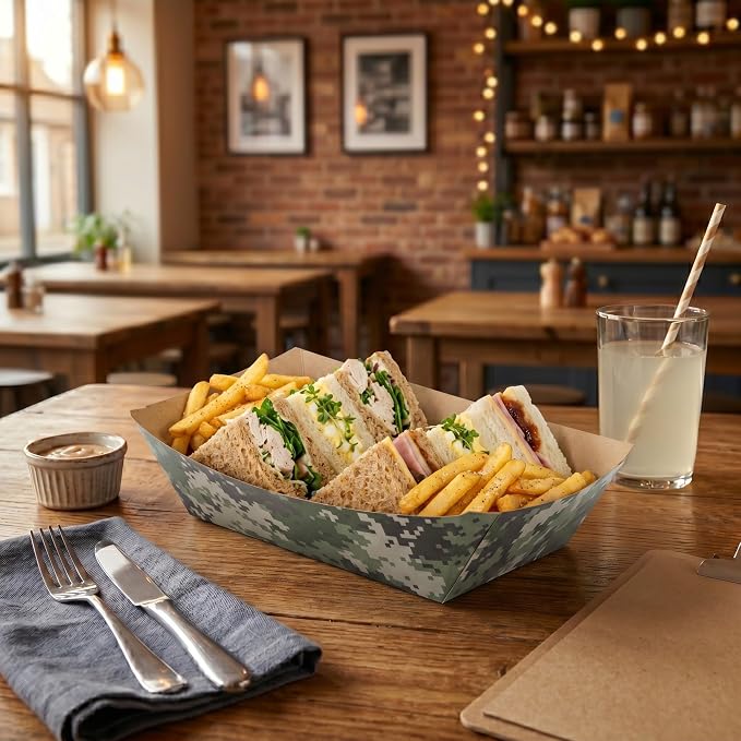 Restaurantware-Bio Tek 2 Pound Food Trays, 50 Disposable Paper Food Trays - Heavy-Duty, Greaseproof, Camouflage Paper Boats, For Snacks, Appetizers, Or Treats, Use At Parties Or Carnivals - Image 3