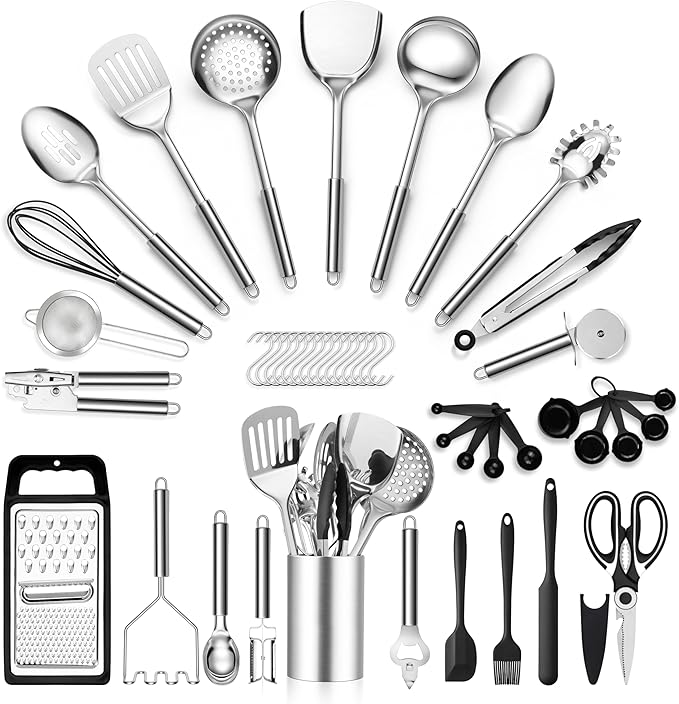 E-far Stainless Steel Cooking Utensil Set, 39-Piece Metal Kitchen Utensils by E-far