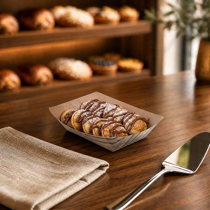 Restaurantware-Bio Tek 4 Ounce Paper Boats, 50 Disposable #25 Food Trays - PE Lining, Durable, Plaid Print Paper Food Baskets, For Concession Stands, Picnics, or Fairs - Image 3