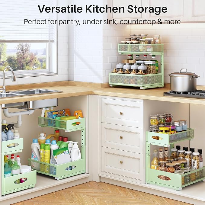 Under Sink Organizer, 2 Pack 2 Tier Pull Out Under Cabinet Organizer Shelf with Pad for Framed Cabinets, Metal Slide Out Under Sink Storage, Mesh Sliding Drawers for Kitchen Bathroom Laundry, Green - Image 8