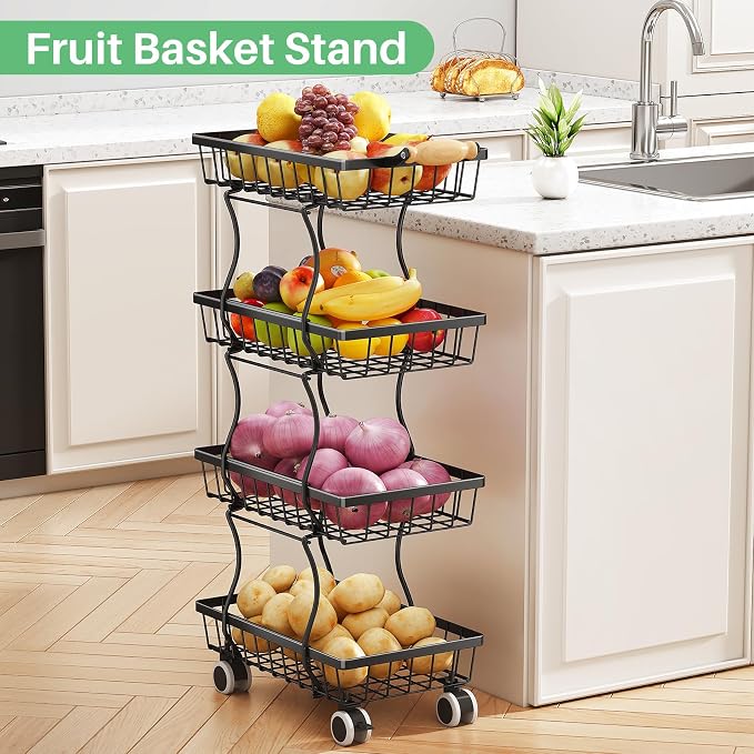SAYZH 4-Tier Fruit Basket Stand with Vegetable Baskets for Kitchen, Black | Stackable Metal Wire Basket, Sturdy Rolling Storage Carts for Kitchen, Pantry Organizer, Snack and Jar Storage - Image 4