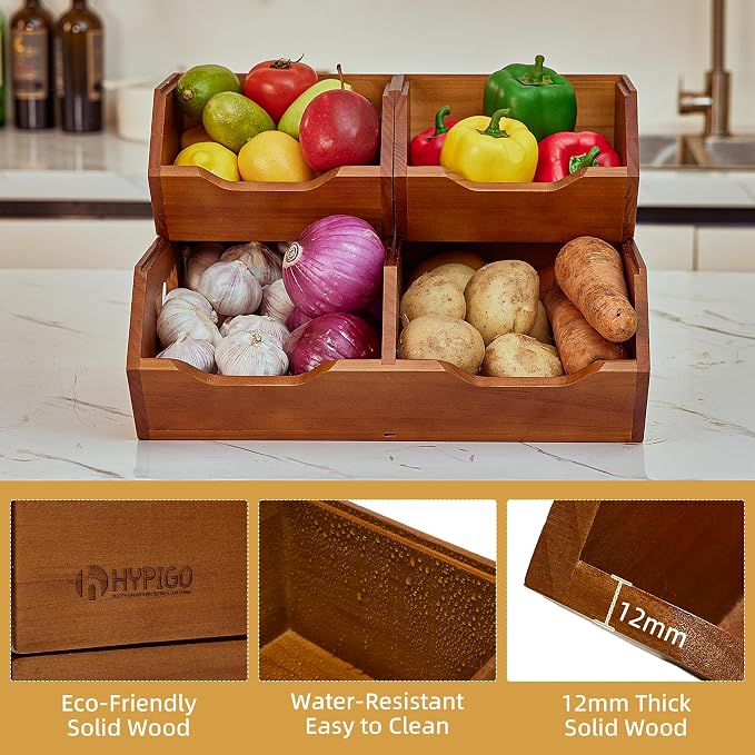 HYPIGO Large Capacity Potato and Onion Storage Bins | Stackable Wood Pantry Storage Baskets, Kitchen Pantry Organizers for Vegetables, Bread, Spices, Set of 3 - Image 6