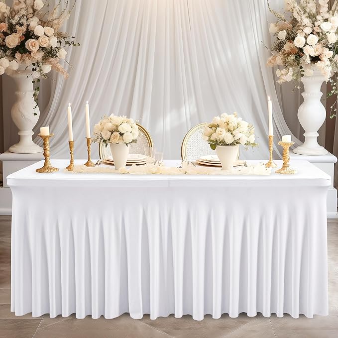 Wish Care 2 Pack White Spandex Table Clothes for 6 Foot Rectangle Tables, 6FT Wrinkle Free Fitted Tablecloths Ruffles Design Table Cover for Party, Banquet, Wedding and Events - Image 5