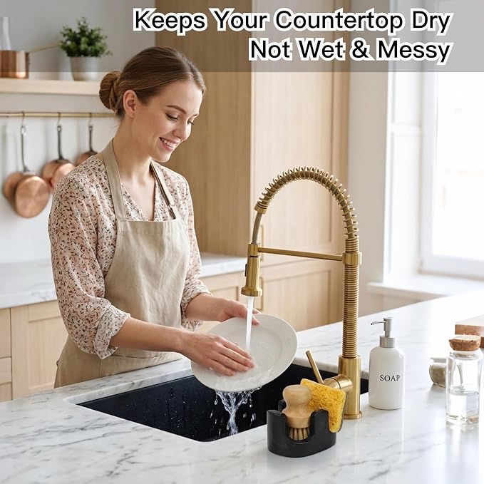 Black Marble Sponge Holder for Kitchen Sink, 2-in-1 Natural Stone Sponge & Brush Holder with Raised Edge, Keeps Countertops Dry, Heavy & Stable, Non-Slip Base, Modern Luxury Kitchen Decor - Image 7