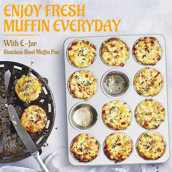 E-far Muffin Pan 12-Cup, 2-Pack Stainless Steel Cupcake Pan for Oven | Non-Toxic Metal Muffin Tins for Baking Muffins & Cupcakes, Regular Size & Easy Clean, Dishwasher Safe - Image 7