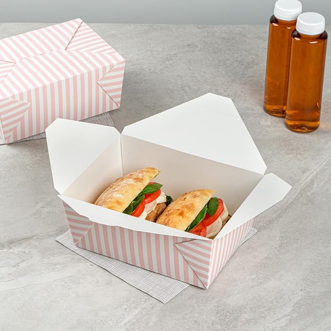 Restaurantware-Bio Tek 8.5 x 6.2 x 3.5 Inch Food Containers, 200 Durable Takeaway Boxes - Disposable, Striped, Pink And White Paper 98 Ounce Takeout Boxes, Rectangle, For Takeouts And Delivery - Image 3