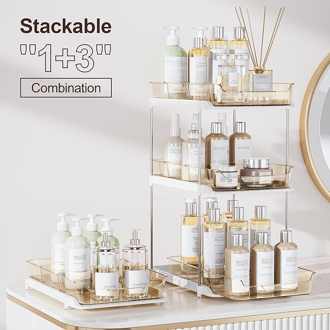 Delamu 2-Tier Multi-Purpose Bathroom Under Sink Organizers and Storage, Stackable Kitchen Pantry Organization, Pull Out Medicine Cabinet Organizer with Movable Dividers, Amber, 4 Pack - Image 3