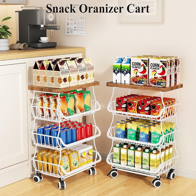 SAYZH 4-Tier Fruit and Vegetable Basket Stand for Kitchen, Wood Top, White | Stackable Vegetable Storage Baskets with Wheel, Metal Wire Storage Carts for Onion, Potato and Snacks - Image 7
