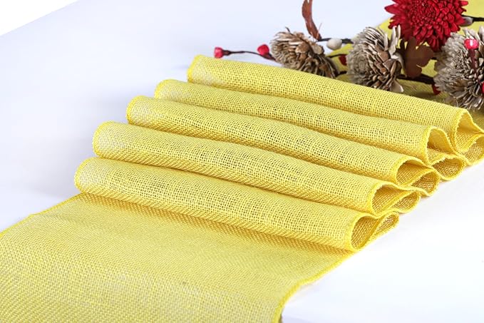 MDS® Pack of 5 Natural Burlap Table Runner, 12 x 108 Inch, Jute Rustic Farmhouse Boho Table Decor for Wedding Reception, Dining Table, Bridal Shower, Baby Shower & Party Decorations - Yellow - Image 2