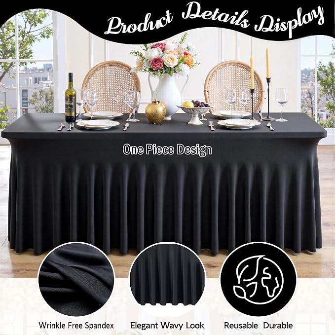 leegleri 2 Pack Black Spandex Table Cloths for 6 Foot Rectangle Tables, Wrinkle Free Fitted Table Covers 6ft Stretch Tablecloths Desk Skirt for Parties Weddings Birthday Vendor Display - Image 4