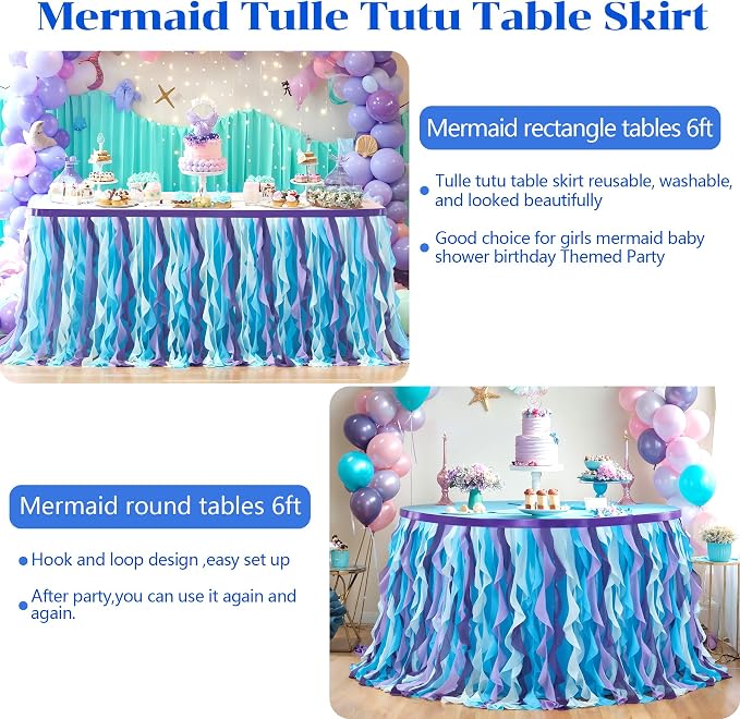 Partisky Mermaid Tulle Tutu Ruffle Curly Willow Table Skirt for Rectangle Table 17ft, Mermaid Themed Party Table Cloth for Girls Birthday Party or Baby Shower - Image 8