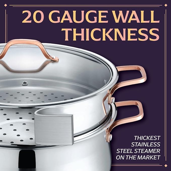 CONCORD Premium Stainless Steel 3 Tier Steamer w/Rose Gold Handles 26 cm - Image 4
