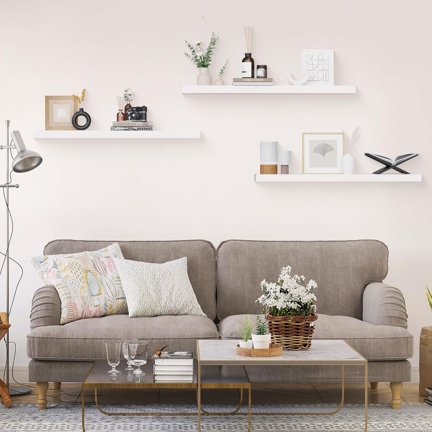 Colima Floating Shelves for Wall White Wood Shelf for Bedroom, 36 Inch Wall Mounted Floating Shelves for Bathroom Living Room Kitchen Office, 1.3" Thick Floating Book Shelves for Wall, Set of 3