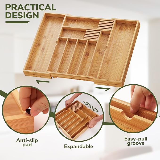 BAMEOS Bamboo Drawer Organizer Expandable Kitchen Silverware Organizer with 7-9 Deep Compartments, Bamboo Reinforced Cutlery Tray, Adjustable Utensil Holder for Kitchen(16.1"-22.4" Wide, Natural) - Image 3