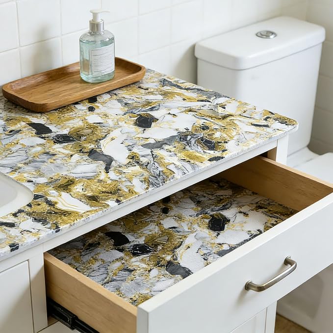Drawer and Shelf Liner - Yellow Black Marble Pattern,Non Adhesive - Image 8