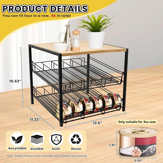 Bamboo & Iron Cat Food Organizer, 2-Tier Stackable Rack Holds 48 Cans 3oz | FIFO auto slide-down,Flat top storage, Organizes pantry & pet food cans - Image 2