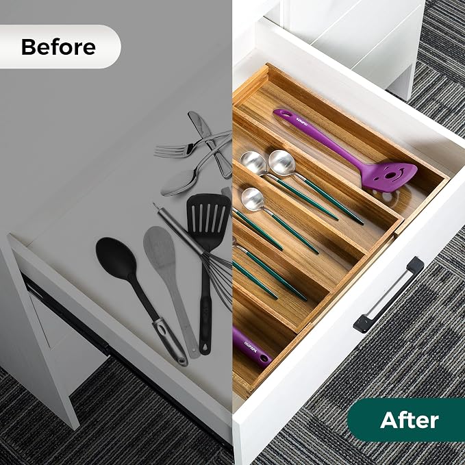 Utoplike Bamboo Silverware Tray Acacia Kitchen Drawer Organizer Expandable - Image 6