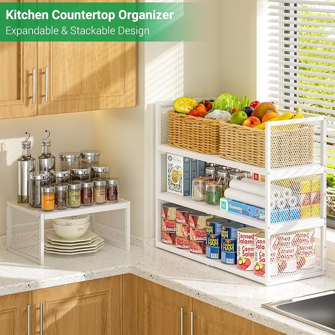 2 Pack Expandable Storage Cabinet, Stackable Pantry and Kitchen Organizers Shelf, Countertop Cabinet Storage Shelves Organizers, Spice Rack, Metal Storage Bins for Spice Can Plate Mug Cups, White - Image 5