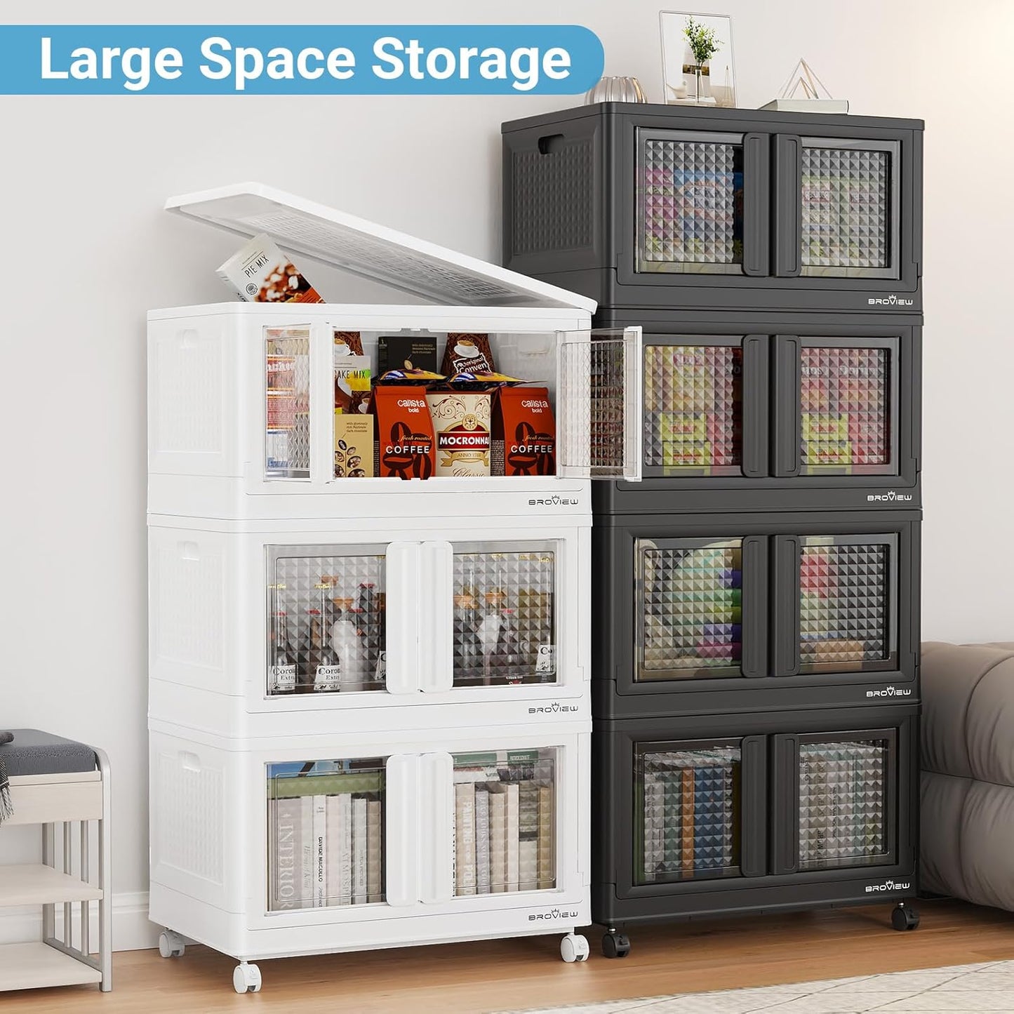 600Qt Stackable Storage Bins with Lids, 150Gal Closet Organizers and Storage Drawer, Plastic Collapsible Storage Bins with Doors, Heavy Duty Store Box Cabinet for Home Office, 6 Pack Black