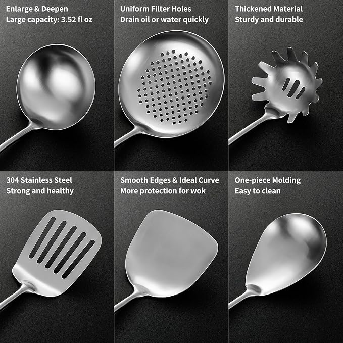 Izurok 18/10 Stainless Steel Kitchen Utensils Set,10 Piece Cooking Utensils With Wood Handle,Heat Resistant Kitchen Tool Set With Spatula,Spoon,Ladle,Skimmer,Slotted Turners,Pasta,Turner,Ladl,Fork - Image 5