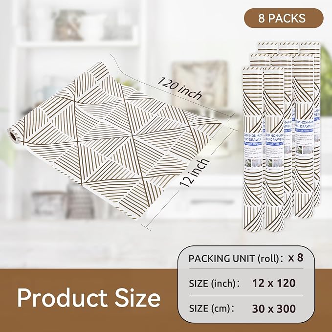 FIFTY FEET 12"x120" Non-Adhesive Shelf Liner for Kitchen Cabinets and Drawers, Washable Non-Slip PVC Cabinet Liner (Brown Modern)(8 Roll) - Image 5