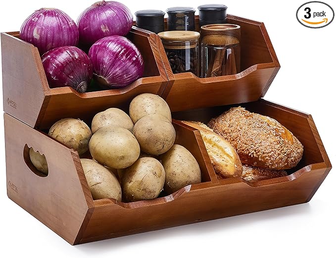 HYPIGO Large Capacity Potato and Onion Storage Bins | Stackable Wood Pantry Storage Baskets, Kitchen Pantry Organizers for Vegetables, Bread, Spices, Set of 3 by HYPIGO