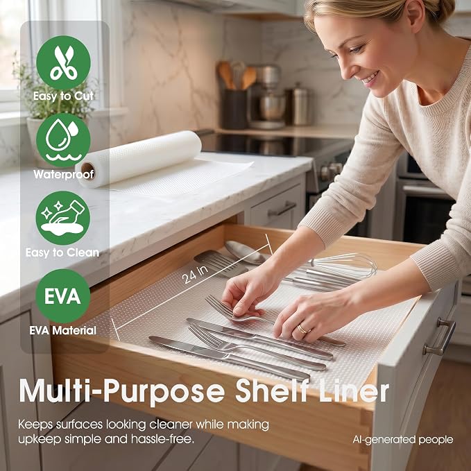 PABUSIOR Large Clear Shelf Liners for Kitchen Cabinets: 23.8" W x 288" L Waterproof Under Sink Mat - Non-Adhesive Non Slip Translucent Large Drawer Liner for Pantry Shelves - Image 2