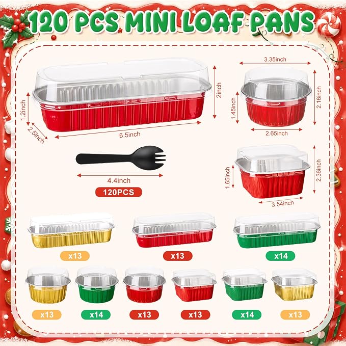 Blushtier 120 Set/240 Pcs Mini Loaf Pans Set with Lids and Spoons for Cake | 6.8, 5, 4.2 oz, Aluminum Foil, Disposable, Red Green Christmas Design, Ovens or Fridge Safe, Nice for Cakes, Puddings Baking - Image 2