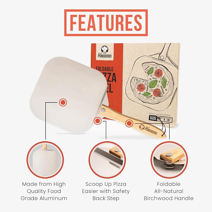 Chef Pomodoro Aluminum Pizza Peel 12x14 in, Foldable Wood Handle | Doubles as Pizza Spatula & Paddle; Non-Stick Aluminum for Ooni, Big Green Egg; Folds Flat, Cool-Touch Handle, Rust-Resistant - Image 3