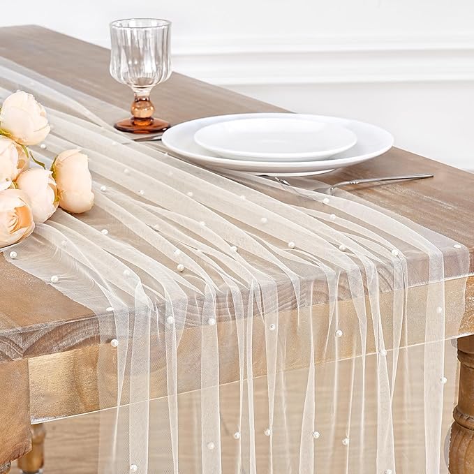 Pearl Tulle Table Runner Fabric Beige 10ft Wedding Veil Seasonal Dessert by LuoluoHouse