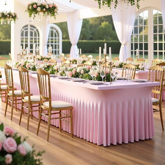 NSSONBEN 6 pk Baby Pink Spandex Tablecloth 6ft with Ruffle Table Skirt, Wrinkle Free Stretchy Fitted Tablecloths for 6 Foot Rectangle Tables, Elastic Spandex Table Covers for Weddings Parties Banquet - Image 9